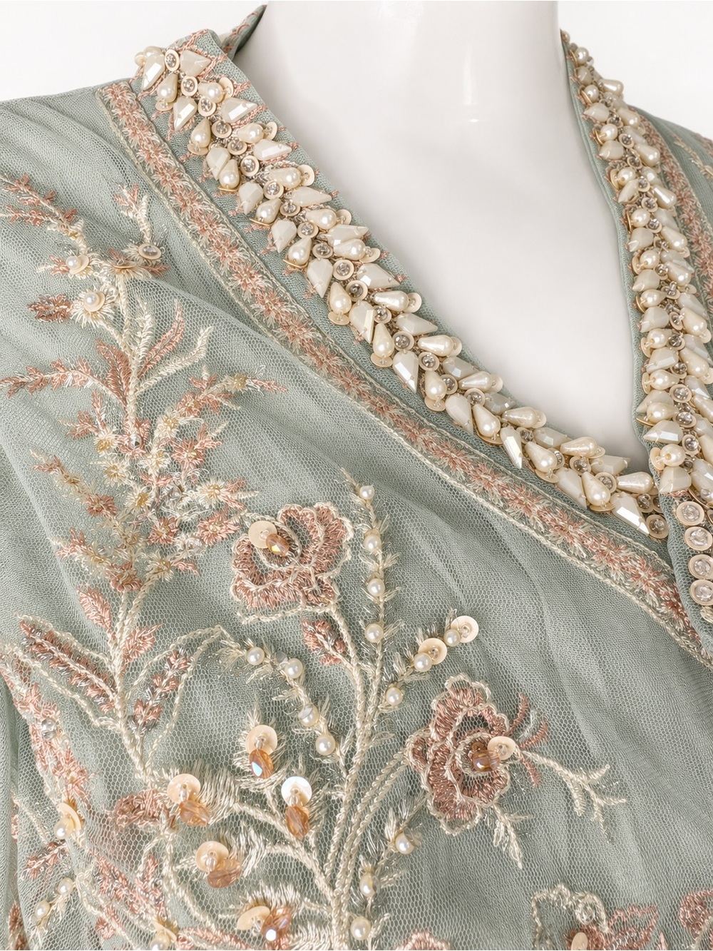 IDEAS Luxury Floating Elegance Sage Embroidered Formal Gown Eid Dress Sz Medium - Picture 5 of 17